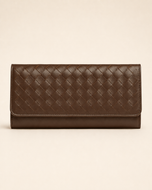 The Nova handwoven leather clutch wallet in brown — front view | Kordovan Pakistan