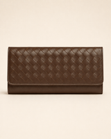 The Nova handwoven leather clutch wallet in brown — front view | Kordovan Pakistan