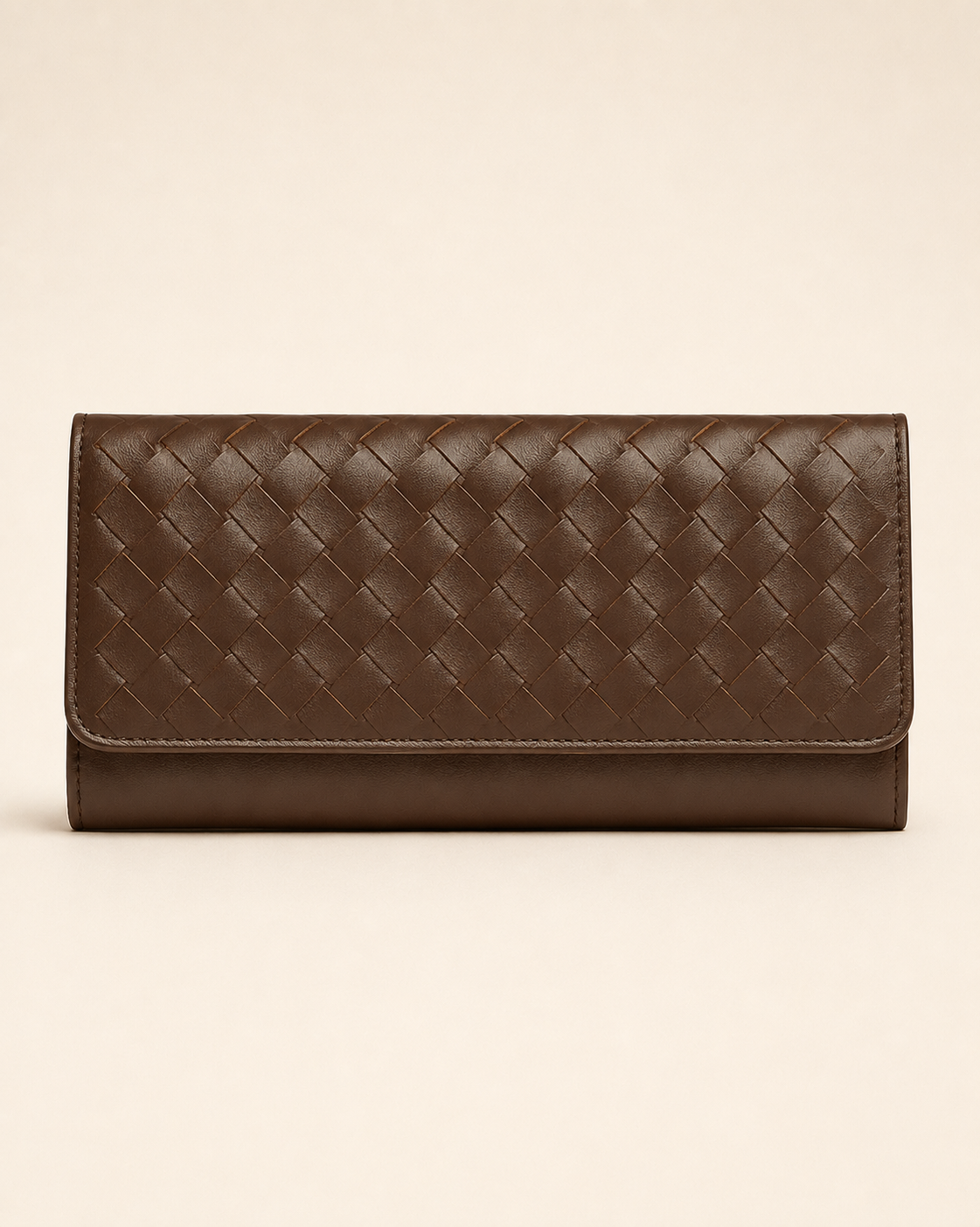 The Nova handwoven leather clutch wallet in brown — front view | Kordovan Pakistan