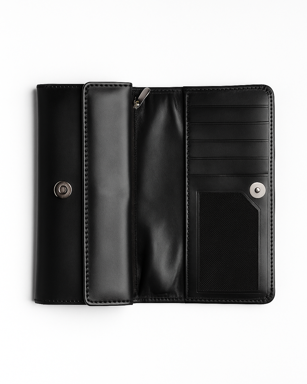 Black leather wallet open on a white background