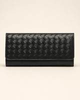 The Nova handwoven leather clutch wallet in black — front view | Kordovan Pakistan