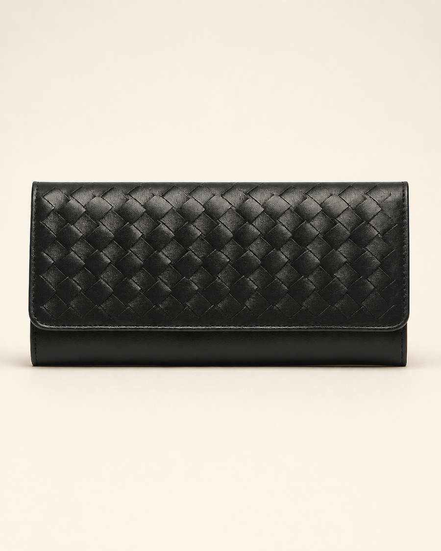 The Nova handwoven leather clutch wallet in black — front view | Kordovan Pakistan