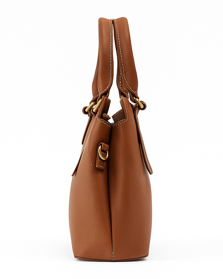 Brown leather handbag with gold accents on a white background