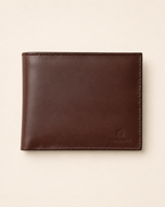 Plain bifold nappa leather wallet in tan — front view with embossed Kordovan mark | Pakistan