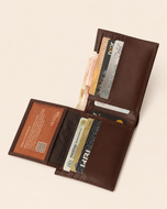 Plain bifold wallet open — 6 card slots, ID window and full-width cash compartment