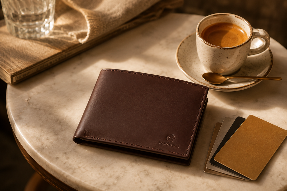 Tan nappa bifold wallet on a walnut desk — classic everyday carry by Kordovan
