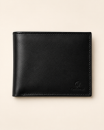 Plain bifold nappa leather wallet in black — front view with embossed Kordovan mark | Pakistan