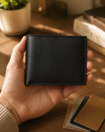 Black nappa leather bifold wallet held in hand for scale