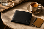 Black nappa bifold wallet styled on a café table — minimal leather carry by Kordovan