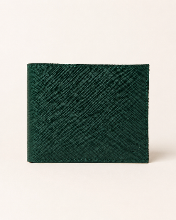 Premium saffiano leather wallet in emerald green — front view with logo plaque | Kordovan