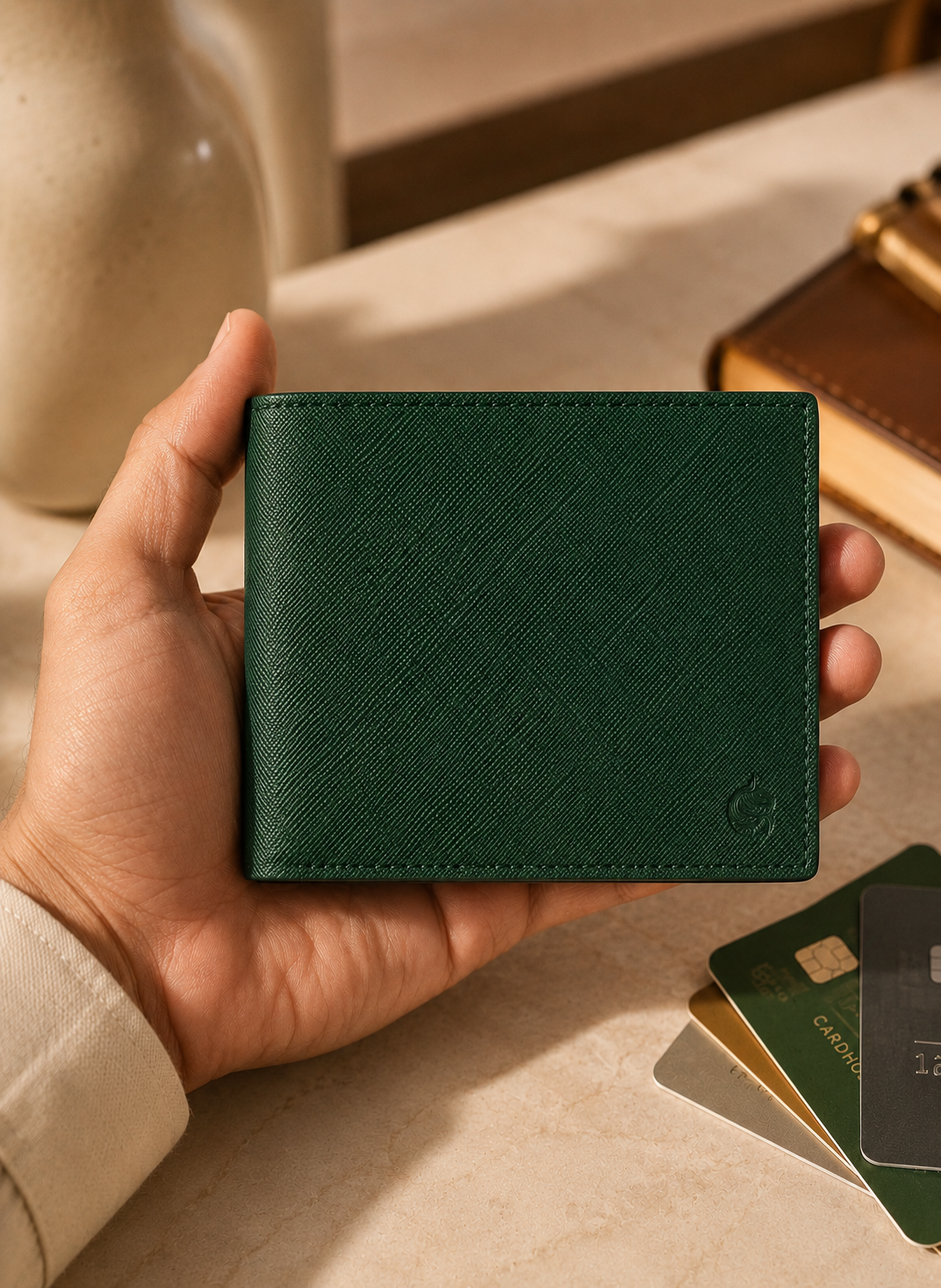 Emerald green saffiano leather bifold wallet held in hand, cross-hatch grain visible