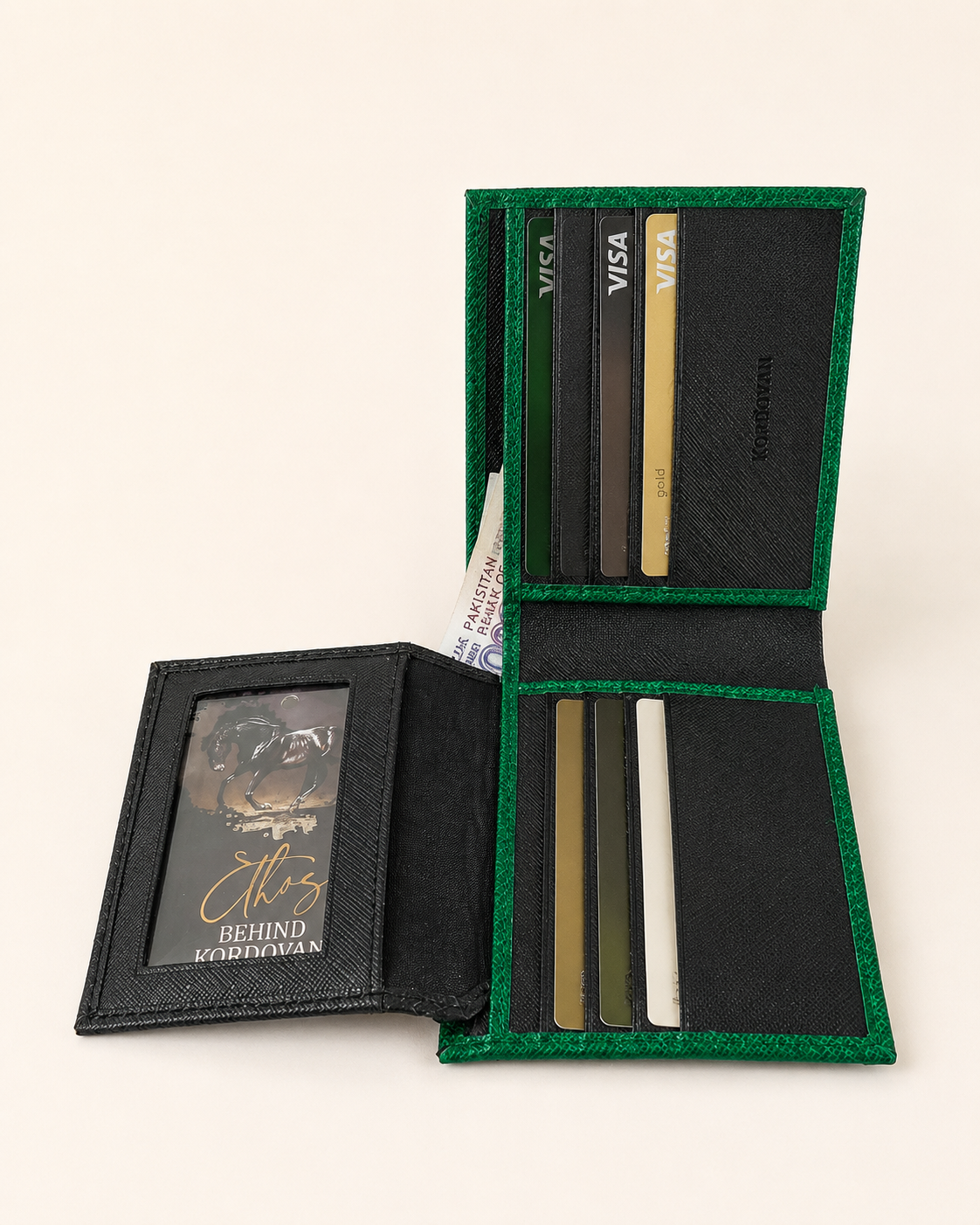 Saffiano wallet open — large bill slot, security slots and transparent ID window