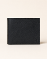 Premium saffiano leather wallet in midnight black — front view with logo plaque | Kordovan