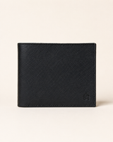 Premium saffiano leather wallet in midnight black — front view with logo plaque | Kordovan