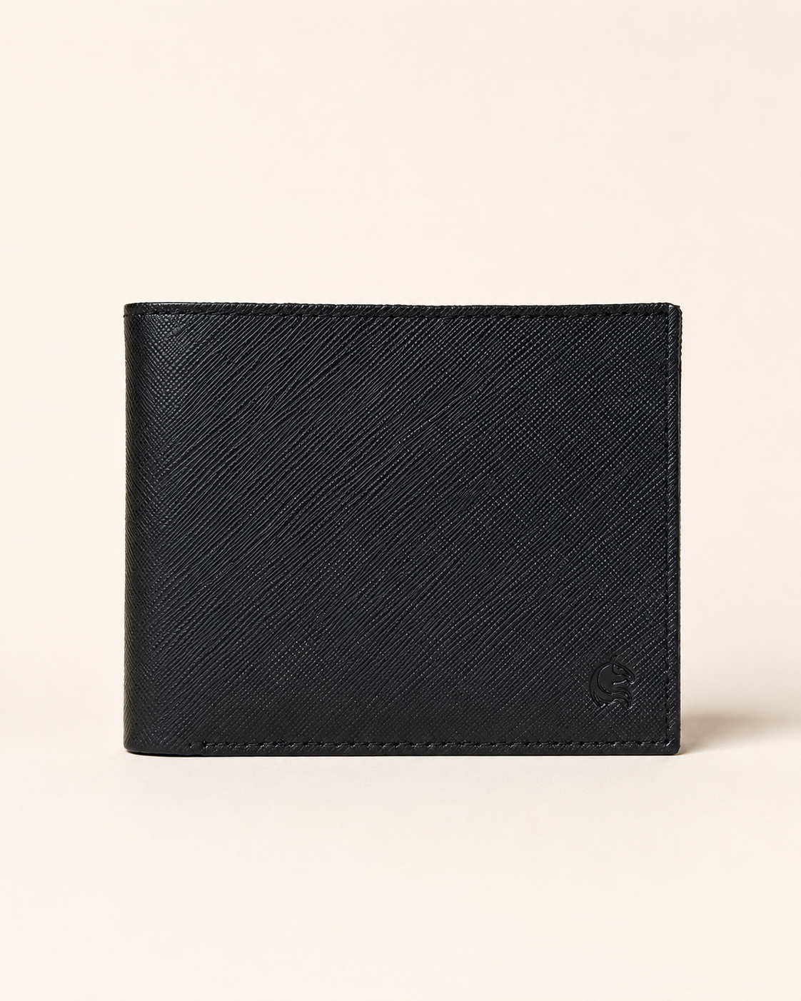 Premium saffiano leather wallet in midnight black — front view with logo plaque | Kordovan