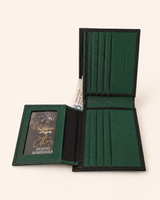 Black saffiano wallet open — bill slot, card slots and transparent ID window
