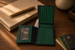 Midnight black saffiano wallet styled on a desk — executive carry by Kordovan