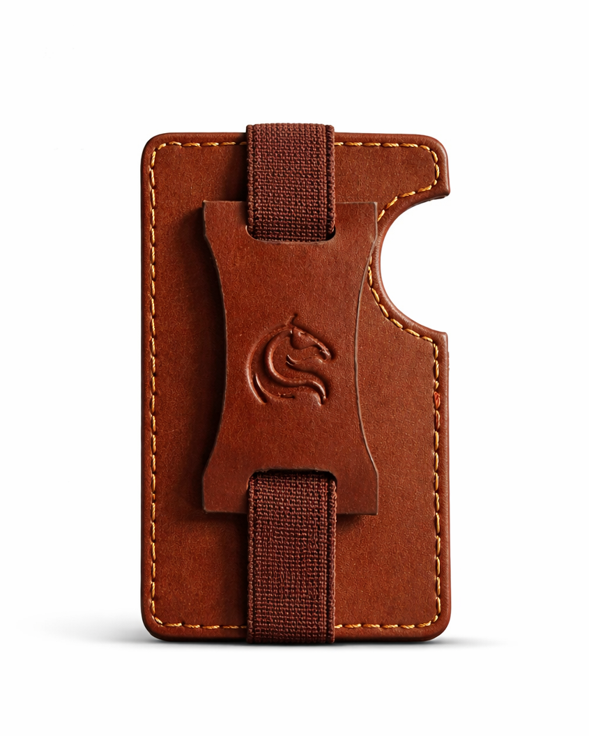 Brown leather cardholder with strap on a white background