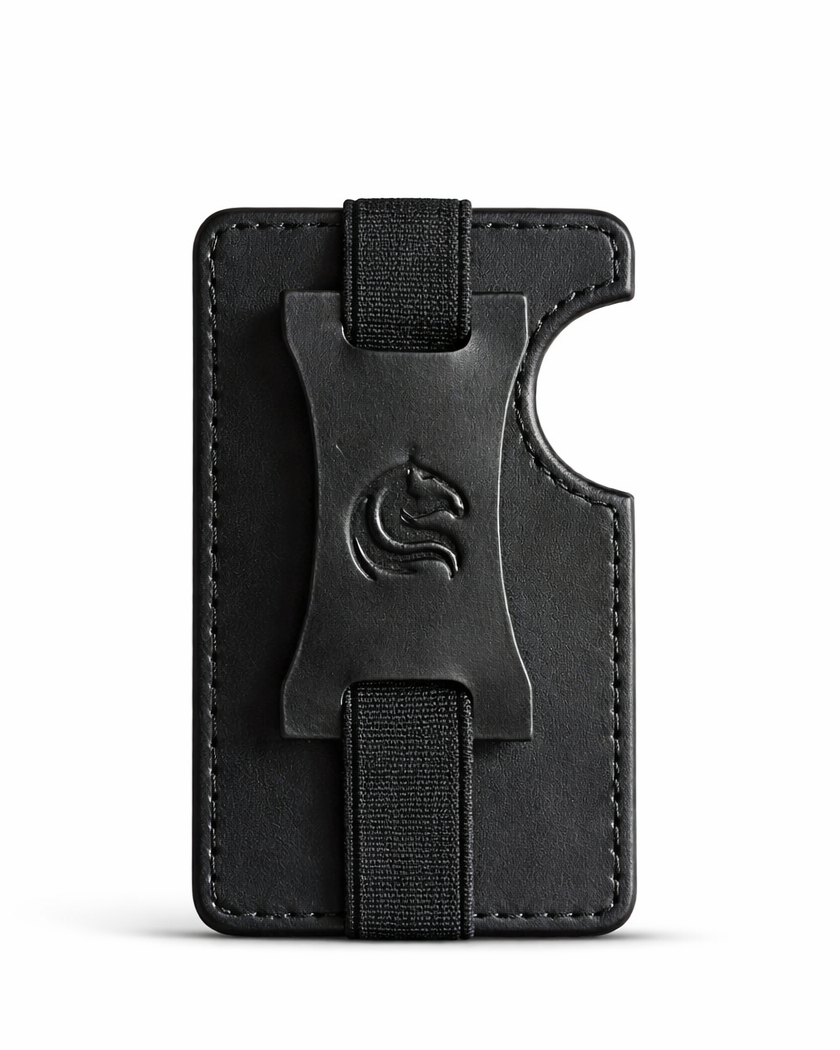 Black leather wallet with a strap on a white background