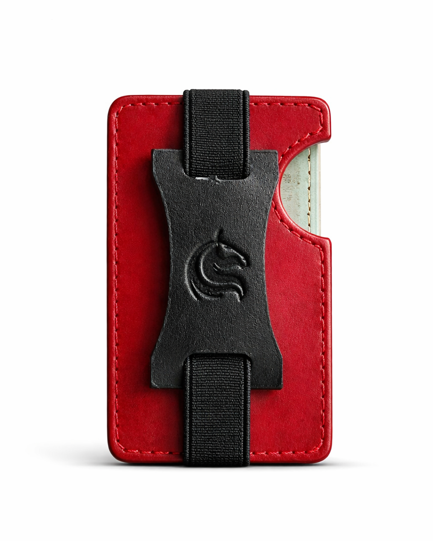 Red cardholder with black strap on a white background