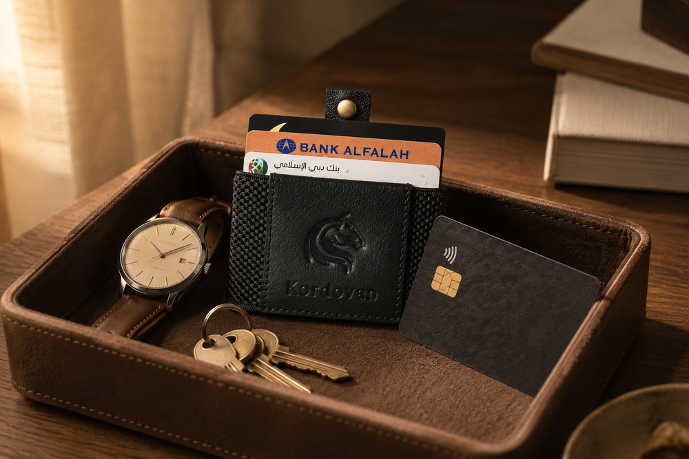 Black KODO RFID smart wallet on a desk — Pakistan's first RFID protected wallet by Kordovan