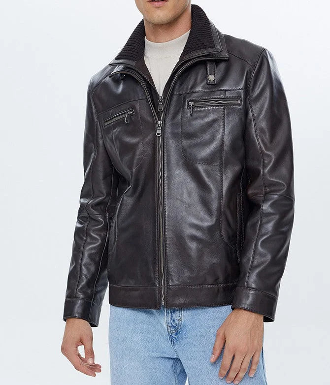 Reacher | Men's Black Ribbed Collar Leather Biker Jacket