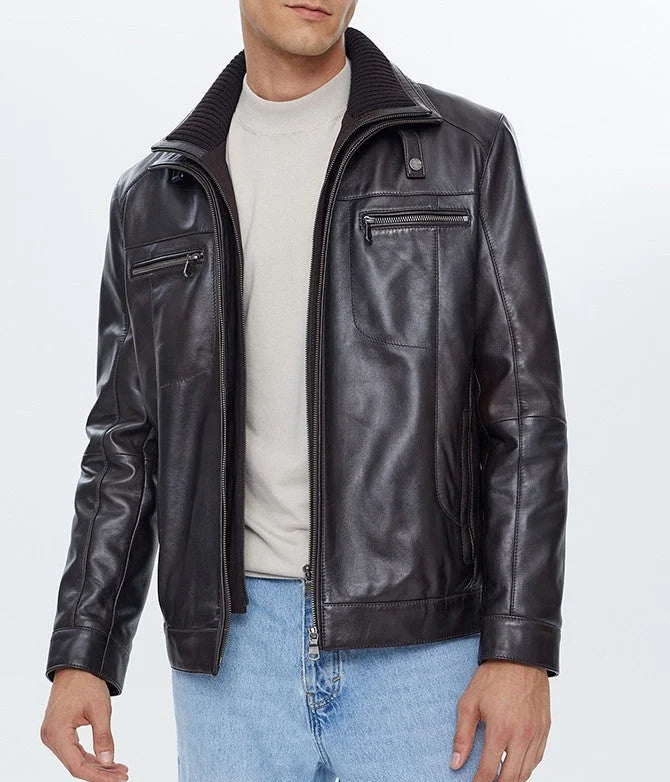 Reacher | Men's Black Ribbed Collar Leather Biker Jacket