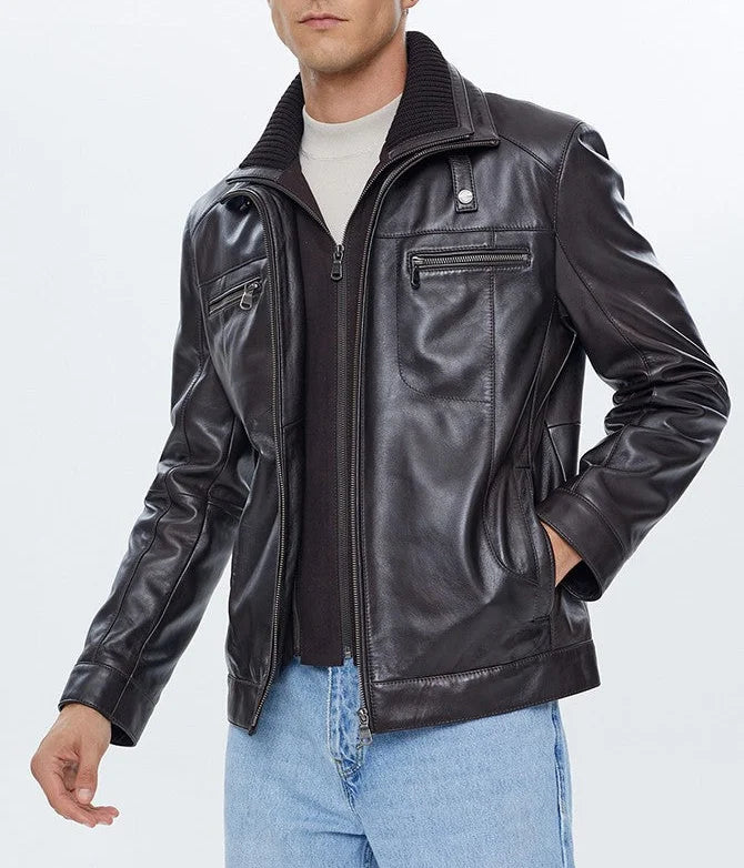 Reacher | Men's Black Ribbed Collar Leather Biker Jacket