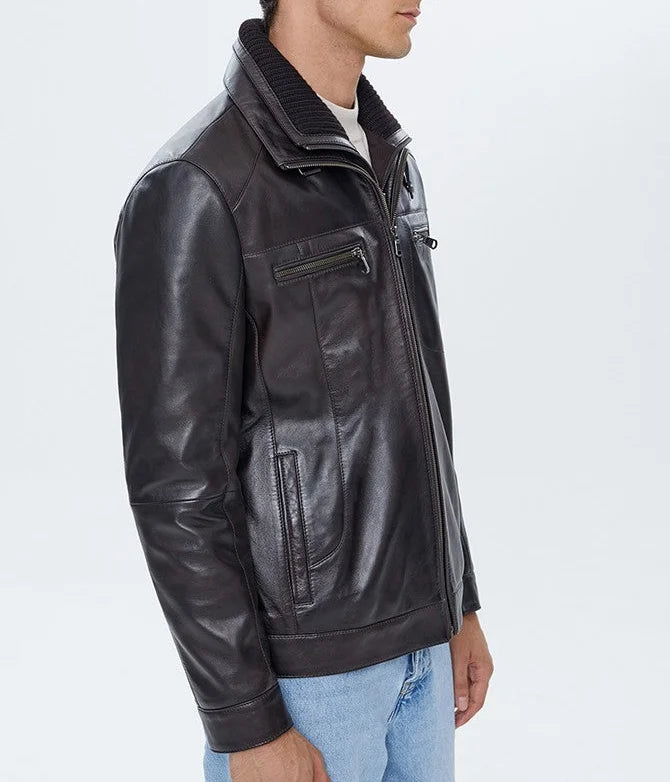 Reacher | Men's Black Ribbed Collar Leather Biker Jacket