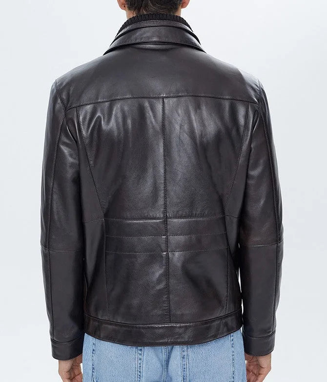 Reacher | Men's Black Ribbed Collar Leather Biker Jacket