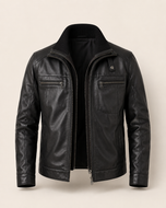 Reacher — men's black ribbed-collar leather jacket, front view | Kordovan Pakistan