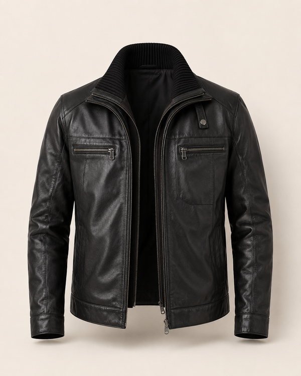 Reacher | Men's Black Ribbed Collar Leather Biker Jacket