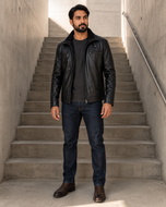 Reacher — men's black ribbed-collar leather jacket, side view | Kordovan Pakistan