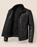 Reacher — men's black ribbed-collar leather jacket, open front showing the lining | Kordovan Pakistan