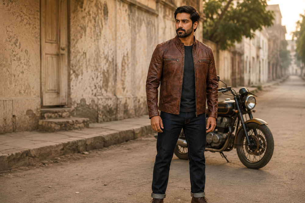 Rebel — men's brown sheepskin cafe racer leather jacket, full-length styled view | Kordovan Pakistan