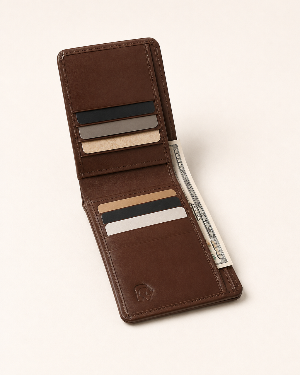Rigor Lite wallet open — 10 card slots and two bill compartments