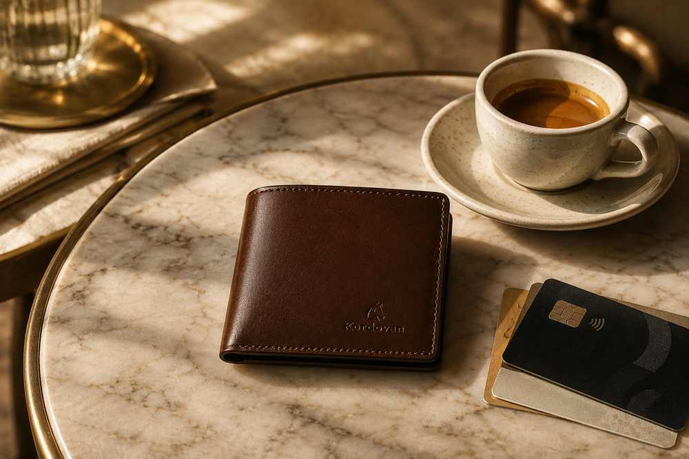 Brown Rigor Lite slim wallet on a walnut desk — organised carry by Kordovan