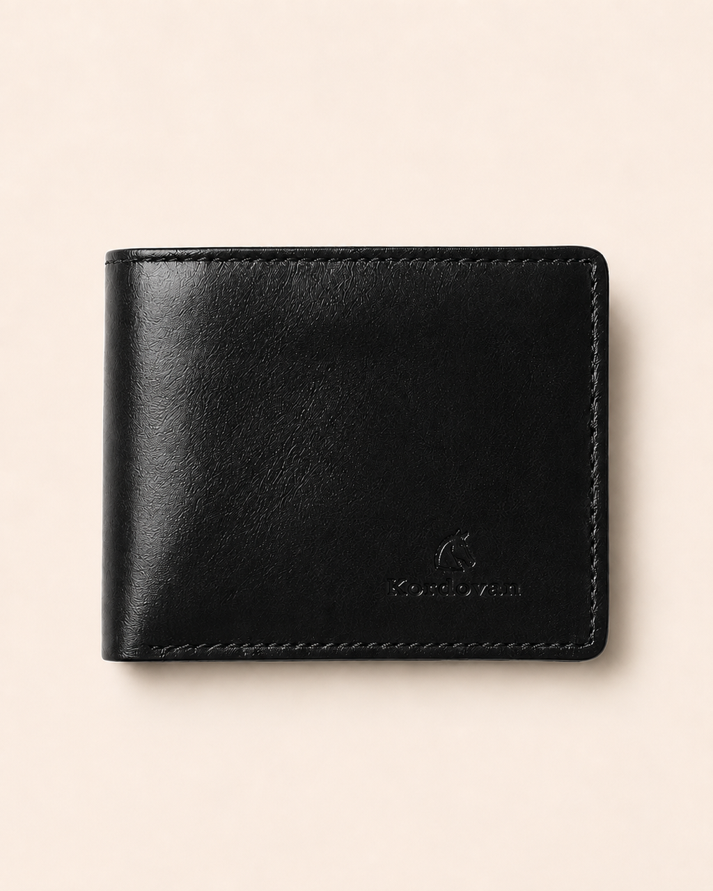 Rigor Lite slim wallet in black sheep leather — front view | Kordovan Pakistan
