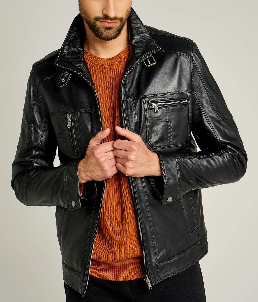Rockafella Black Sheepskin Leather Biker Jacket for Men | Kordovan