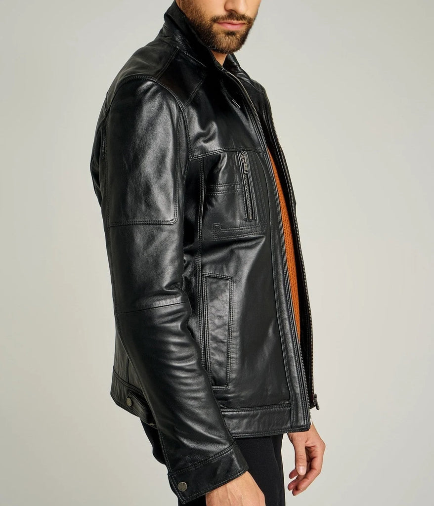 Rockafella | Men's Black Sheepskin Leather Biker Jacket