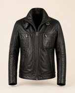 Rockafella — men's black sheepskin leather jacket, front view | Kordovan Pakistan