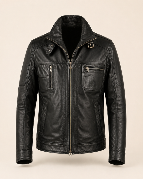 Rockafella — men's black sheepskin leather jacket, front view | Kordovan Pakistan