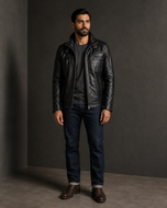 Rockafella — men's black sheepskin leather jacket, side view | Kordovan Pakistan