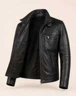 Rockafella — men's black sheepskin leather jacket, open front showing the lining | Kordovan Pakistan
