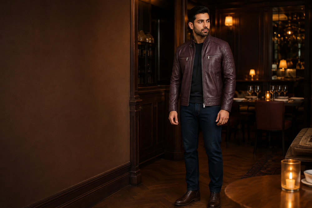 Rodriguez — men's claret quilted leather jacket, full-length styled view | Kordovan Pakistan