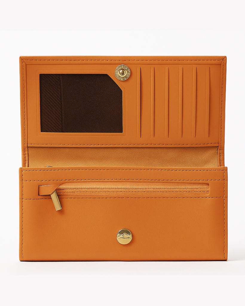 Tan leather wallet with a card holder on a white background