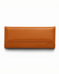 Tan ladies leather wallet on a white background