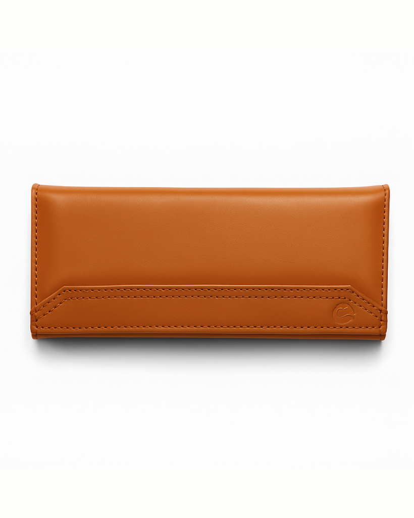 Tan ladies leather wallet on a white background