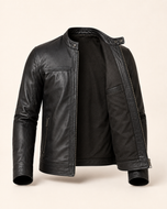 Shadow Rider — men's black cafe racer leather jacket, open front showing the lining | Kordovan Pakistan