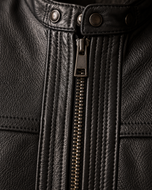 Shadow Rider — men's black cafe racer leather jacket, close-up of the leather grain and hardware | Kordovan Pakistan
